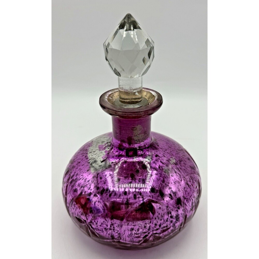 Pink Mercury Glass Globular Large Bottle Faceted Crystal Cut Stopper 8.5” Genie - Picture 4 of 13